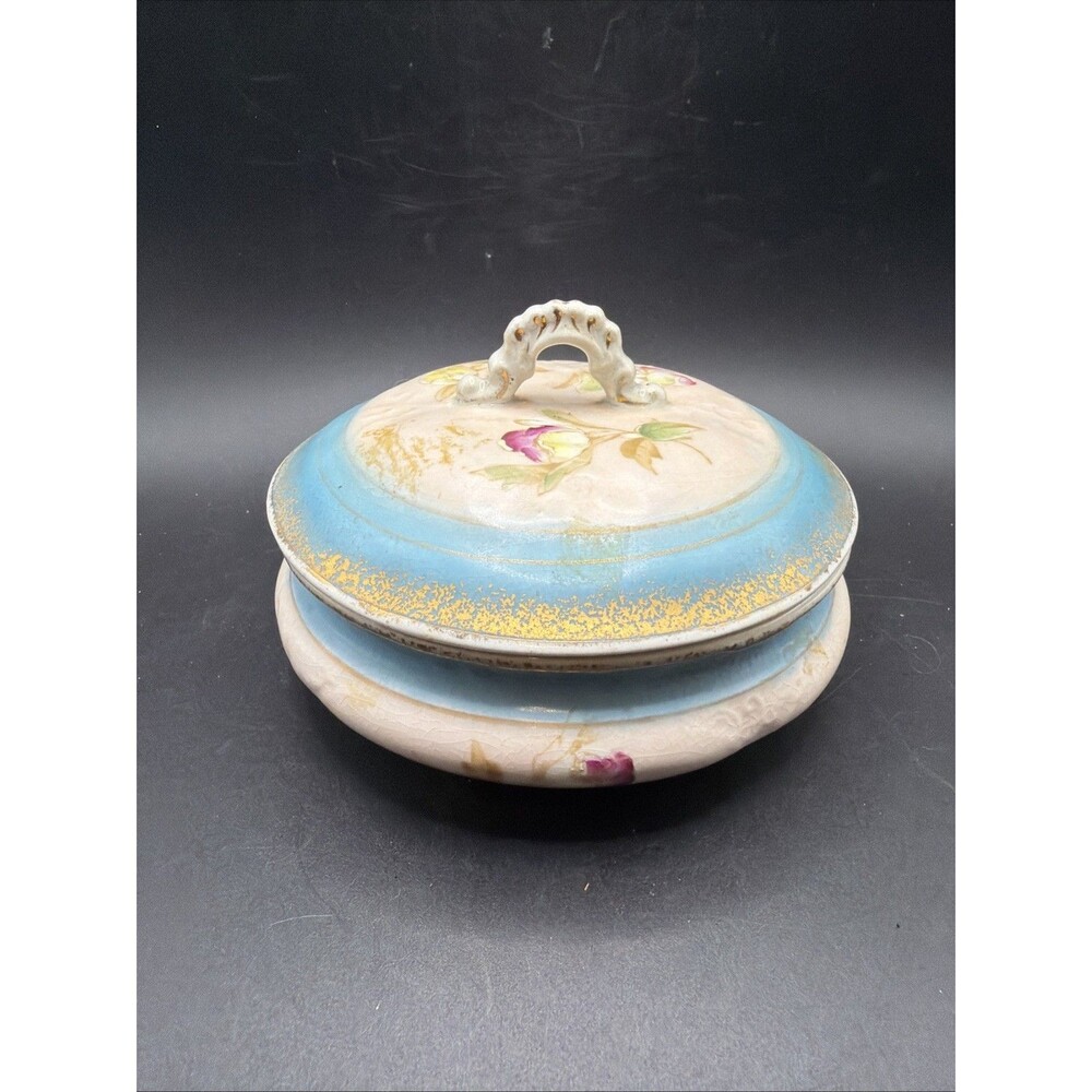 Antique Hand painted Covered Dresser Dish With Floral Design and Gold Leaf